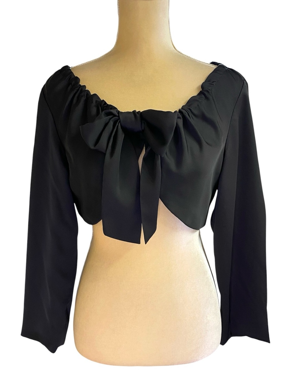BCBG Max Azria Cropped Black Satin Bow-Front Jacket 6